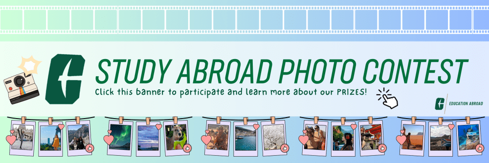 Banner for the Study Abroad Photo Contest. If clicked, you will be a taken to a page that has details about the prizes you can earn if you participate.
